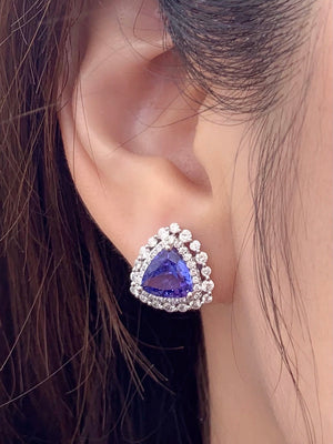 Trillion Cut Tanzanite & Diamond Halo Earrings - Johnny Jewelry