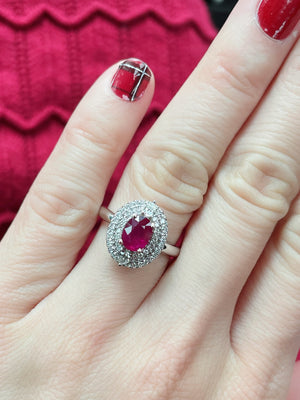Double Halo Ruby and Diamond Ring