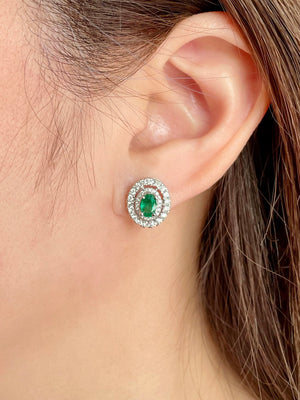 Oval Emerald & Double Diamond Halo Earrings