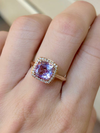 Cushion Pink Amethyst & Diamond Halo Ring