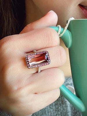 Two Tone Bi-color Tourmaline Pink Sapphire Halo & Diamond Ring