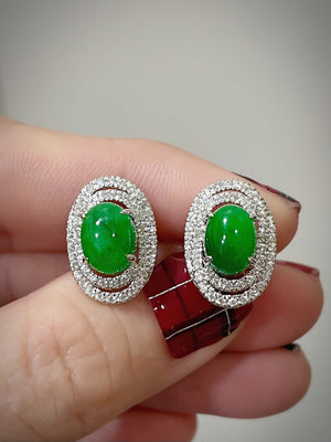 Jade & Double Diamond Halo Swirl Earrings