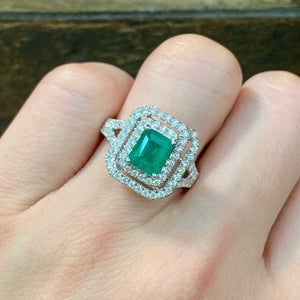 Double Halo Emerald Cut Emerald & Diamond Ring - Johnny Jewelry