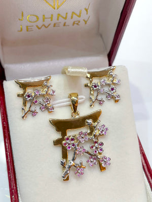 Torii & Pink Sapphire Sakura Cherry Blossoms Pendant