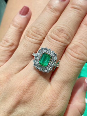 Lacy Double Halo Emerald & Diamond Ring
