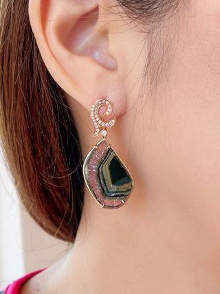 Geometric Watermelon Tourmaline & Diamond Earrings