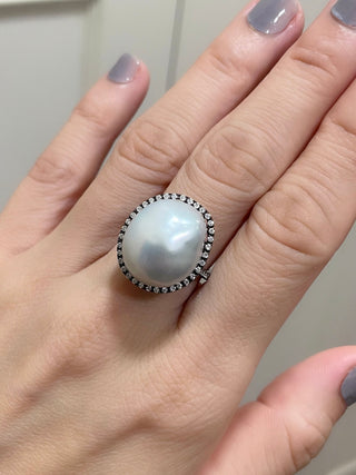 Baroque South Sea Pearl & Black Gold Diamond Ring - Johnny Jewelry