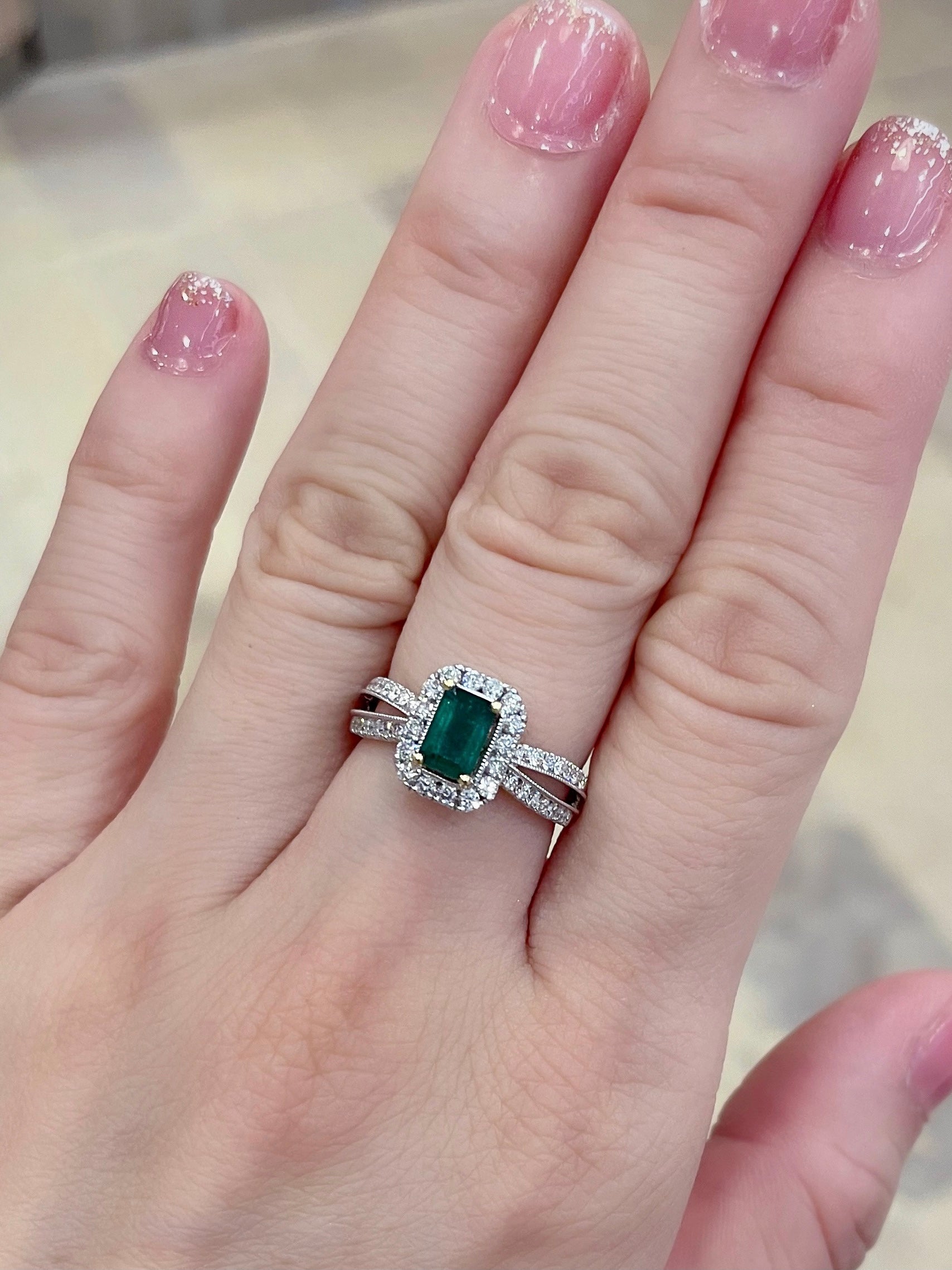 Emerald-Cut Moissanite Halo Engagement Ring in 10k White Gold