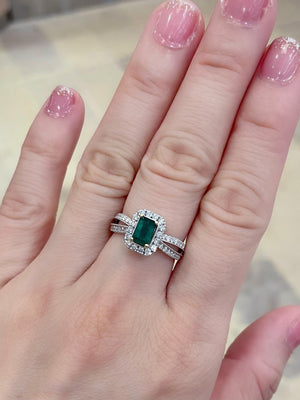 Split Shank Emerald Cut Emerald & Diamond Halo Ring