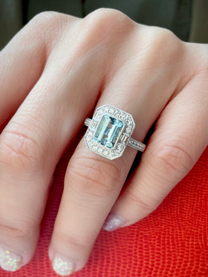 Art Deco Aquamarine & Pave Diamond Halo Ring