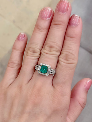 Emerald Cut Emerald & Baguette Diamond Halo Ring