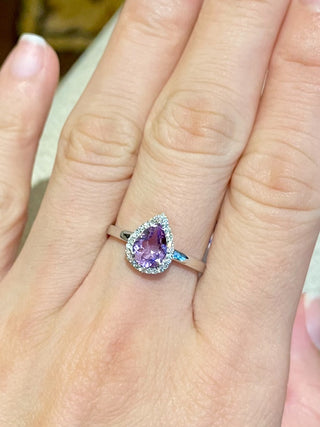 Dainty Teardrop Amethyst & Diamond Halo Ring