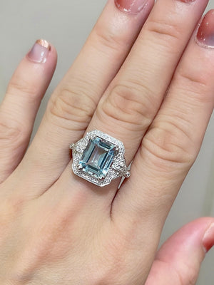 Art Deco Emerald Cut Aquamarine & Diamond Ring