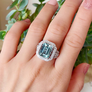 Diva Emerald Cut Aquamarine & Diamond Halo Ring